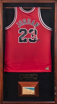Michael Jordan Signed Hand Painted Bulls LE Jersey 5/23 Framed with Game Used Piece of 1998 NBA Finals Floor (UDA)